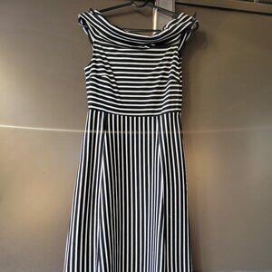 Banana Republic, Black & White Stripe Off-Shoulder Fit & Flare Dress w/Pockets